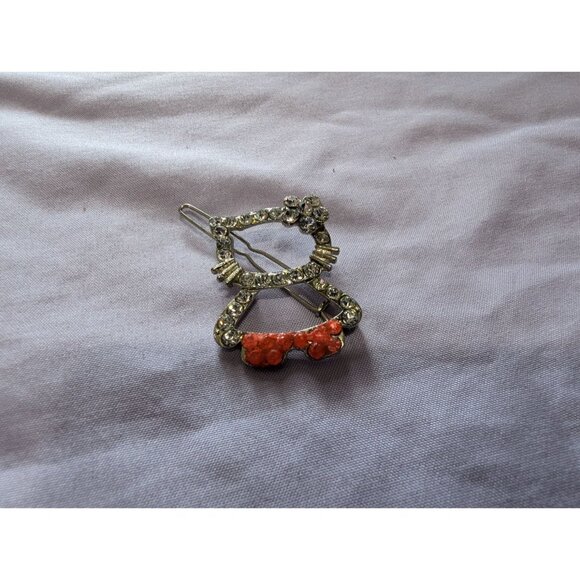 Vintage Hello Kitty Rhinestone Bow Hair Clip Barrette Silver Tone Metal - Picture 1 of 3